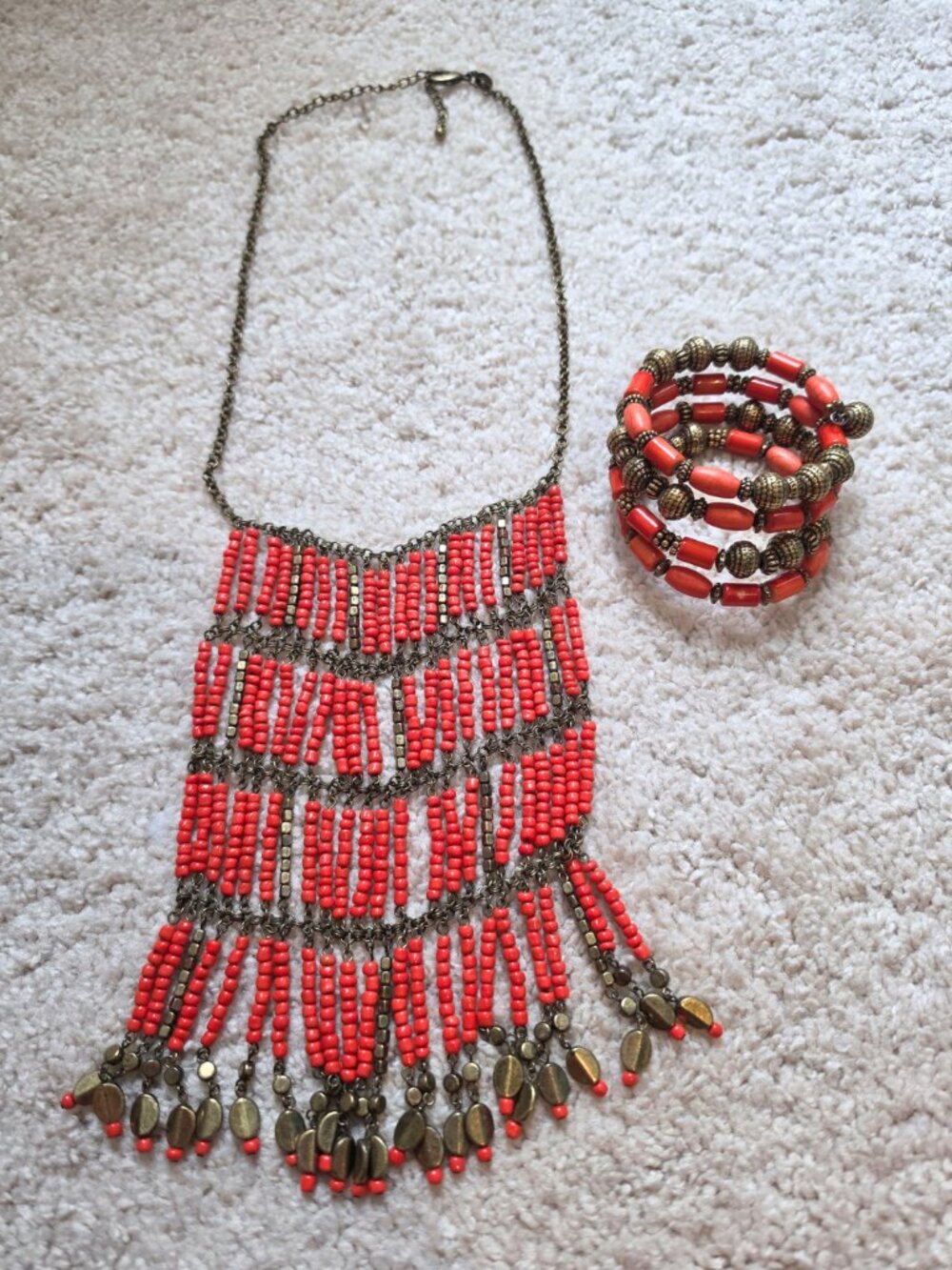 Chico’s Coral Orange Beaded Statement Bib Necklace & Coil Bracelet Set